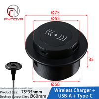 Prise de courant encastrée ronde pour bureau, avec chargeur sans fil 15W, USB A+C, charge rapide, prise de table encastrée pour mobilier de bureau