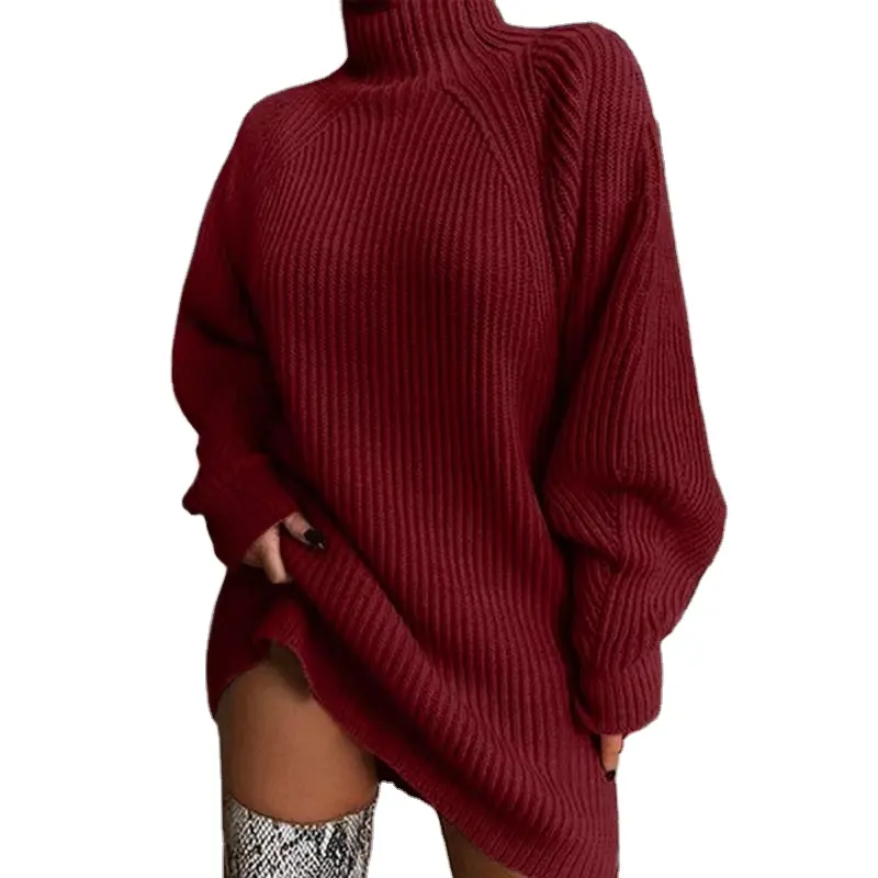 Lady Fashion custom turtleneck Long sleeve sweater Loose dress girl's cozy knit relaxed-fit casual daily ritual dress