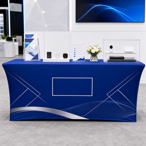 Blue Geometric Custom Logo Printed <b>Tablecloth</b> for Exhibition Trade Show Display Table - Product Image 1
