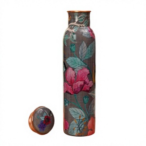 Ensemble de bouteilles d'eau en cuivre pur à motifs floraux imprimés, oiseaux et chevrons, design à motifs variés - Product Image 1