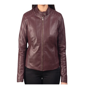 Chaqueta de motociclista de cuero granate, prendas de vestir exteriores de moda para mujer, piel de cordero genuina suave, cómoda y elegante, uso diario - Product Image 1