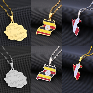 Collier Pendentif Drapeau National en Acier Inoxydable Couleur Acier avec Contour de Carte du Pays, Thème Pérou <span class=keywords><strong>France</strong></span> Île de la Réunion Ouganda, Cadeau Tendance - Product Image 1