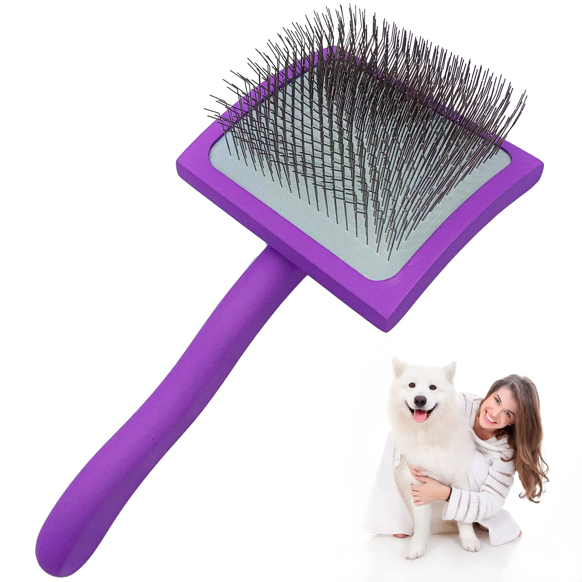 Petdom Wooden Handle Pet Wire Grooming Brush Self-cleaning Long Pin Slicker Brush for Dogs and Cats Dog Comb Stainless Steel
