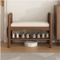 Banc à chaussures rustique en bois massif avec accoudoirs, banc de rangement à 2 niveaux en cuir PU pour entrée et couloir, banc multifonctionnel