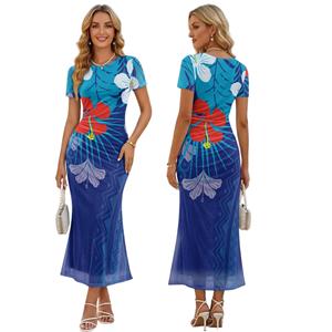 Abito da Sera Personalizzato Esclusivo con Stampa Hibiscus Polinesiano, Vestito in Rete su Misura, Elegante e Lusinghiero - Product Image 1