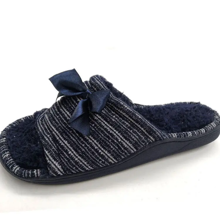 Bowknot style navy blue cotton fabric hard sole indoor slippers women's sandals