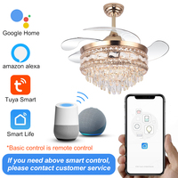 Y118 Vente en Gros Ventilateur de Plafond de Luxe avec Lumière Lustre en Cristal Doré Pales Rétractables Lumières de Plafond pour Salon Chambre