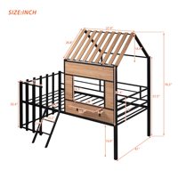 Cama baja de tamaño doble con techo, marco de cama de loft de metal con ventana, barandilla, escalera, cama de casa para niños
