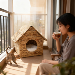 เตียงแมวยกสูงสบายเตียงนุ่มสบายสำหรับเพื่อนขนยาววิลโลว์สิ่งประดิษฐ์สำหรับแมวบ้านน้ำผักตบชวาน่ารักสำหรับสัตว์เลี้ยงเตียงนอนบ้าน - Product Image 1