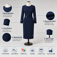 Robe fourreau mi-longue à col rond et manches longues 240 GSM pour femme, avec ceinture, idéale pour le bureau et les occasions professionnelles, opaque, personnalisable avec logo OEM, vente en gros