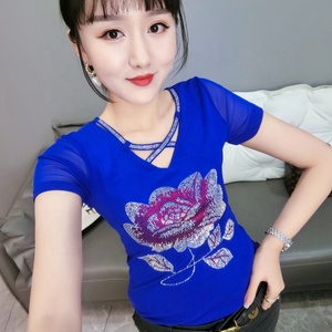 Femmes imprimé fleuri strass brillant paillettes entrecroisé vêtements <span class=keywords><strong>Rock</strong></span> Tee hauts discothèque à manches courtes chemises fête T-shirt - Product Image 4