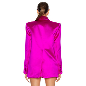 गर्म गुलाबी साटन रेशम ब्लेजर्स देवियों महिलाओं सूट शीर्ष स्कर्ट रंगीन जाकेट सेट - Product Image 4