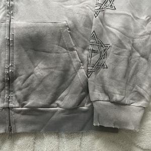 Unisex Oversized Zip-Up Hoodie Vintage Washed Gray Gothic Logo Six-Pointed <strong>Star</strong> Cross Graphics Edgy <strong>Dark</strong> Style Casual - Product Image 2