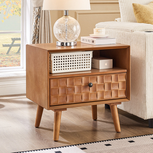 Comodino in Legno Stile Mid-Century Moderno, 22 Pollici, 1 Cassetto, Ripiano Aperto, Gambe in Legno Massello - Product Image 1
