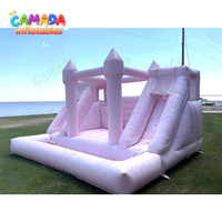 Château gonflable rose pastel de grande taille avec double toboggan, protection UV et imperméable, certifié CE