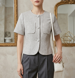 Chemisier élégant à manches courtes pour femme, couleur unie, col rond, boutonnage frontal, en sergé, pour le bureau, style automne, 100 % coton - Product Image 1