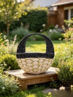 Panier à fleurs beige vert imitation osier, poignée enveloppée de tissu noir, doublure en plastique, pot de jardin extérieur
