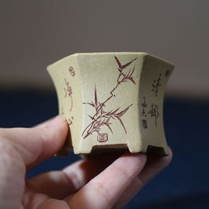Maceta Hexagonal de Arcilla Morada para Bonsái, Hecha a Mano, Mini Macetas Grabadas - Product Image 1