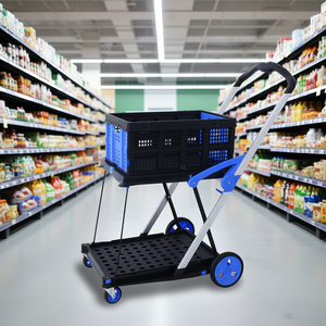 Carrito de compras plegable de 2 niveles con ruedas azules, carrito utilitario plegable para uso en supermercados. - Product Image 2