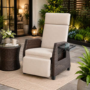 Sillón Reclinable Ajustable Moderno para Exteriores, Silla de Jardín de Ratán con Mecanismo de Elevación a Gas, Reposabrazos y Mesa, Muebles de Mimbre - Product Image 1