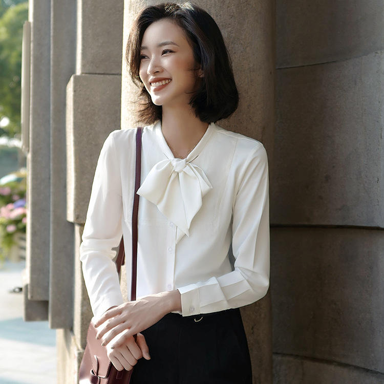 Blusa blanca de seda para oficina y negocios, blusa coreana, gran - Main Image