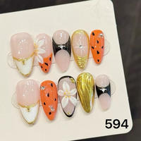 1251-1255 Kuku Palsu Buatan Tangan 10pcs Bahan Press-On Model Almond Desain Ukiran Bunga Kustom Modis Persegi untuk Jari