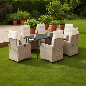 Set da Pranzo da Giardino in Rattan Beige per 6 Persone, Resistente alle Intemperie, Arredamento da Esterno in Stile Contemporaneo con Struttura in Metallo - Product Image 2