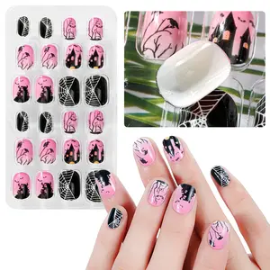 24PCS Fuoco di Halloween Dei Bambini Del Fumetto Falso Rosa Nail Tips Capretto Bambino Stampa sulle unghie