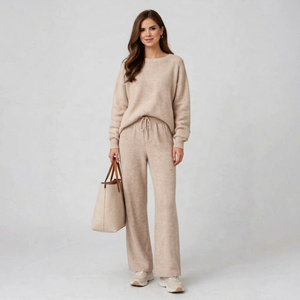 Conjunto Deportivo de Punto Beige para Mujer, Sudadera de Cuello Redondo, Pantalones Anchos con Cordón, Atuendo Informal - Product Image 1