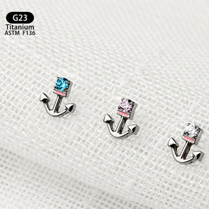 Clous d'oreille en titane en forme d'ancrage, incrustation de zircon 5A, alliage F136, filetage interne pour piercing du cartilage de l'oreille - Product Image 3
