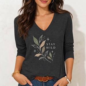 Women <b>Stay</b> Wild V Neck Three Quarter Sleeve T <b>Shirt</b> Charcoal Gray Casual Leaf Printed Tee - Product Image 1