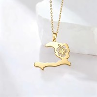 Collier avec pendentif en acier inoxydable, motif carte de la Réunion, hibiscus, Guadeloupe, Martinique, Haïti, carte de la Guyane pour femme