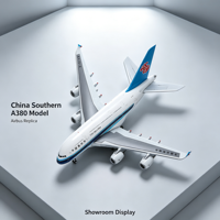 Maquette d'exposition Airbus A380 China Southern Airlines avec carrosserie blanche, aile arrière bleue, logo rouge Kapok, quatre moteurs et train d'atterrissage