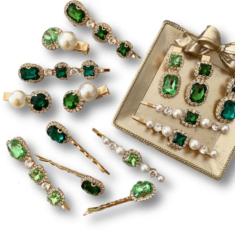 Vintage green hairpin rhinestone pearl bangs clip ladies word clip hair accessories