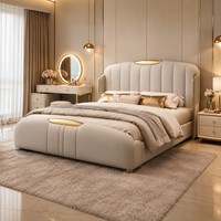 Cadre de lit moderne beige, taille Queen ou King, avec revêtement en cuir PU personnalisé