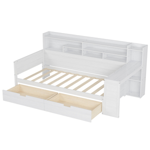 Wooden Twin Size Daybed with Storage Shelves, Multi-functional <b>Bed</b> with Two Storage Drawers and Study Desk, Antique White - Product Image 5