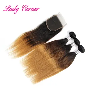 Fast shipping 1B/4/27 hair extension ombre weave, Wholesale cuticle aligned virgin human straight hair bundle with closure