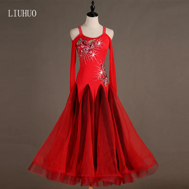 Vestido de baile para competição, profissional moderno dança, flores vermelhas, traje para dança e grupos