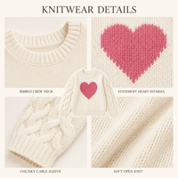 Pull en tricot torsadé à col rond pour femme, motif cœur rose jacquard, manches longues, coupe ample et décontractée