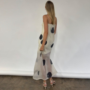 Elegant Slim Fit Backless <b>Spaghetti</b> <b>Strap</b> Long Dress With Polka Dot Translucent Fabric For Women Evening Wear - Product Image 4