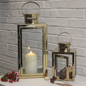Gold Set Of 2 Modern Clear Glass Hanging Antique Floor Decorative Metal Stainless Steel Candle Lanterns