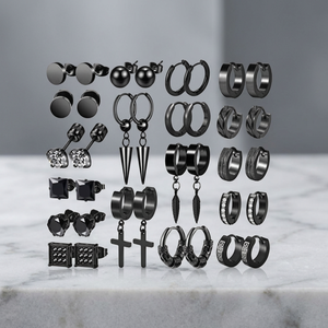 Boucles d'oreilles à clipser noires en alliage de zinc, forme croix, sertissage clos, 1 parure pour femme, bijoux de mode pour soirée - Product Image 3