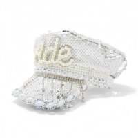 En stock – Chapeau de capitaine de luxe blanc à sequins et perles pour femme, idéal pour le festival Burning Man, avec strass et pompons, personnalisable pour mariages et fêtes
