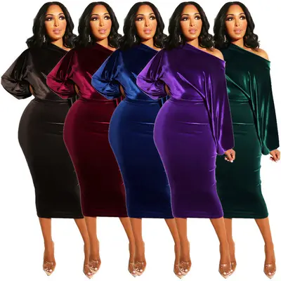 Wholesale breathable long sleeve sexy classic print clothing suede elegant velvet plus size women's fall dress evening dresses