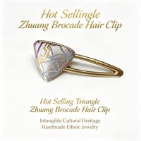 Pince à cheveux sur mesure en brocart Zhuang tissé, motif géométrique bleu et blanc, bordure dorée triangulaire, pour femme – Art ancestral