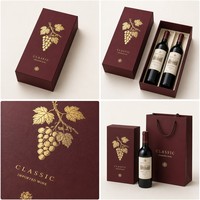 Boîte cadeau personnalisée pour deux bouteilles de vin rouge, boîte rigide avec couvercle et base, avec feuille d'or en forme de raisin pour l'emballage de vin de 750 ml