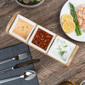 ถาดเสิร์ฟอาหารขนาดเล็กสำหรับร้านอาหาร 3 ช่อง พร้อมถ้วยเซรามิกสำหรับน้ำจิ้มซูชิและขาตั้งไม้ไผ่ - Product Image 4