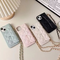 Étui portefeuille en cuir PU motif litchi pour iPhone 17 Pro 16 Max, coque de téléphone portable Apple 15 Plus avec chaîne bandoulière diagonale effet caviar