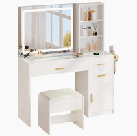 Coiffeuse de maquillage 45.2 ''avec miroir éclairé par LED et tabouret de rangement Coiffeuse en verre trempé Bureau de coiffeuse élégant et robuste