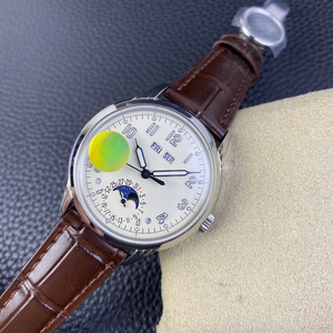 Montre-bracelet en <span class=keywords><strong>cuir</strong></span> pour homme, cadran <span class=keywords><strong>crème</strong></span> vintage 40 mm, aiguilles seringue, lumineuse, automatique, mécanique, affichage phase de lune, jour et mois - Product Image 2